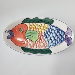Tabletops Unlimited Pescada Fish Oval Antipasta Platter 11" Hand Painted CHIp